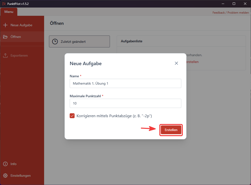 Neue Aufgabe – Dialog