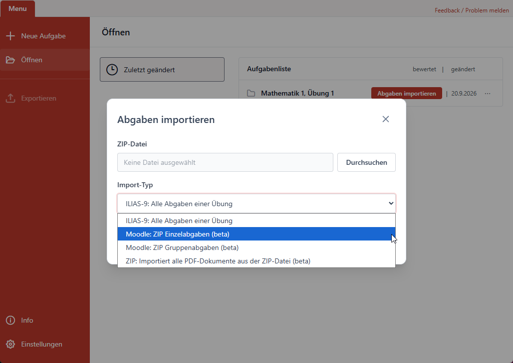 Import-Typ Moodle wählen