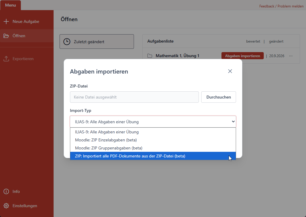 Import-Typ ZIP wählen